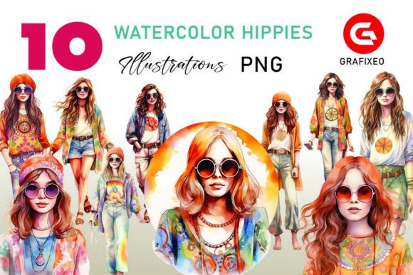 Download Hippie Girls 60s Watercolor Illustration - Girls Collection